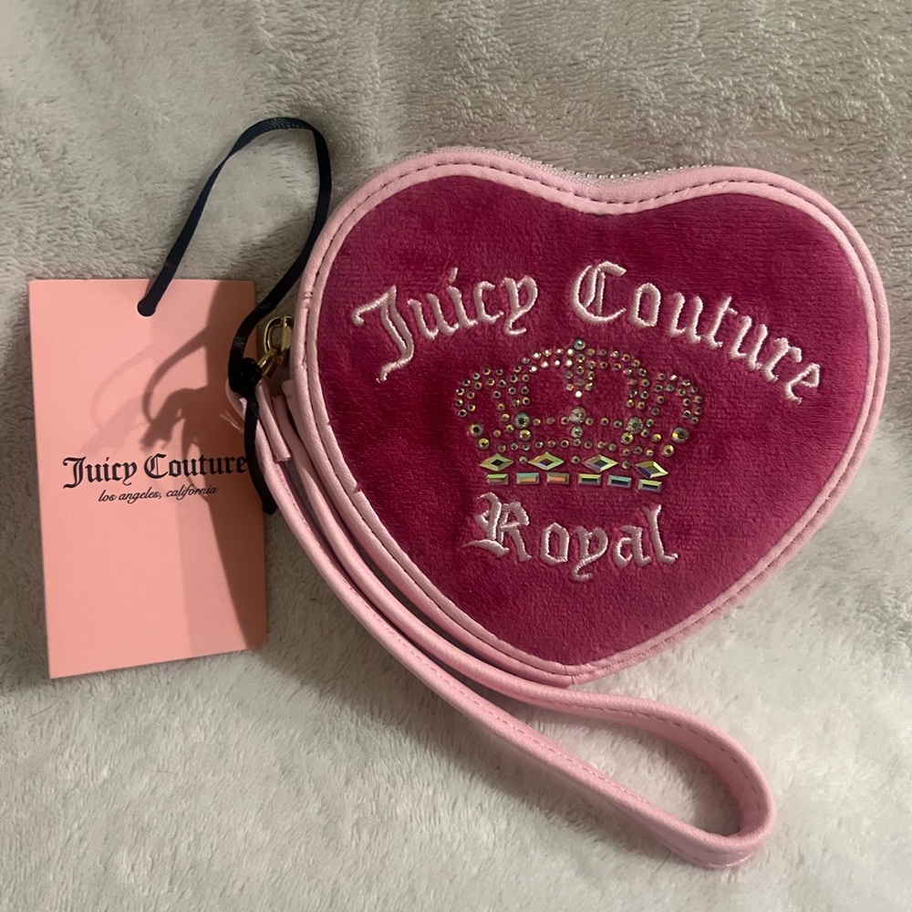 Juicy Couture Maroon Pink Heart Wristlet Bling Crown Velvet Mini Coin Purse
